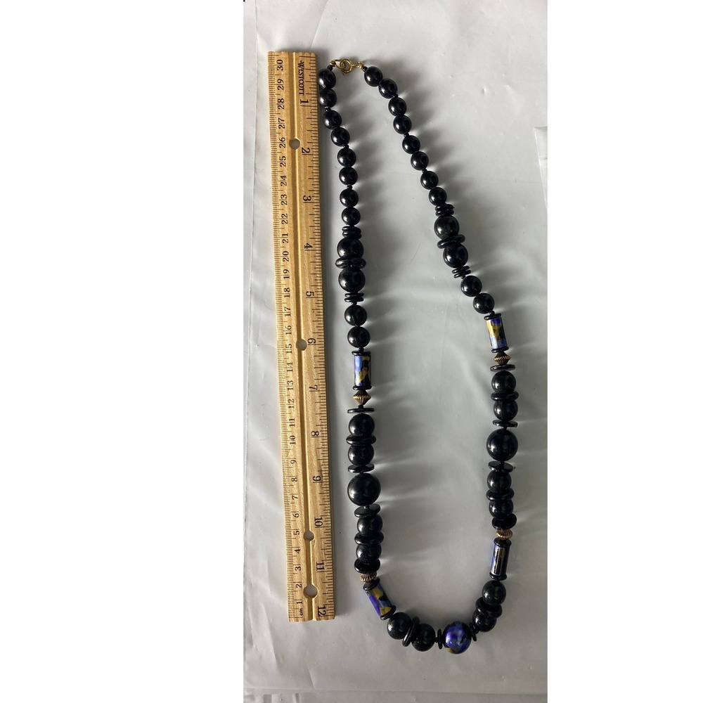 Vintage Black Blue Beaded Necklace Boho Eclectic Mixed Media Glass Beads 22 Inch